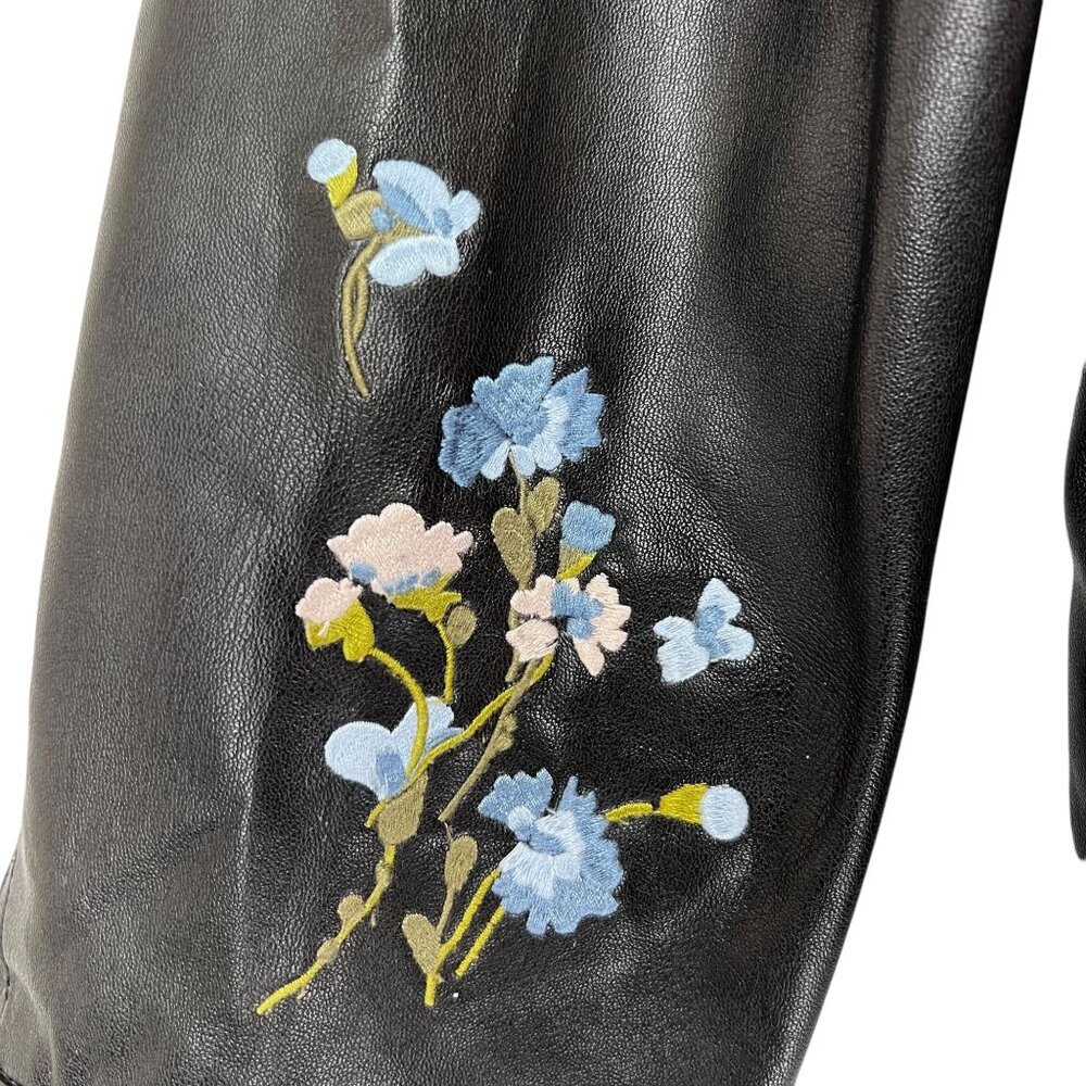 Christopher & Banks Black Faux Leather Jacket Floral Embroidery Snap Zip Large - Picture 7 of 16